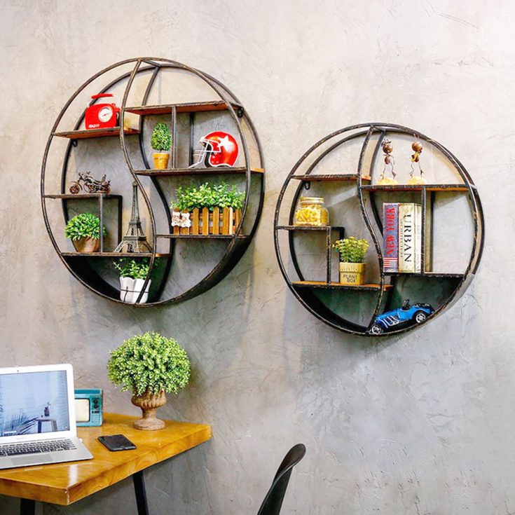 Round Shelf Metal Wood Storage Bookcase Wall Mounted