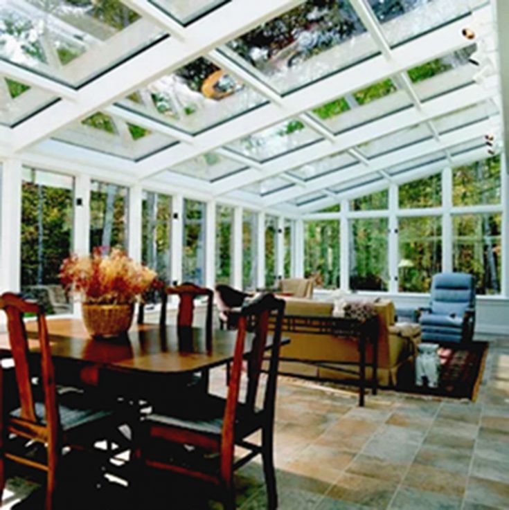 Straight Glass Roof Sunroom Or Solarium With Wood Interior