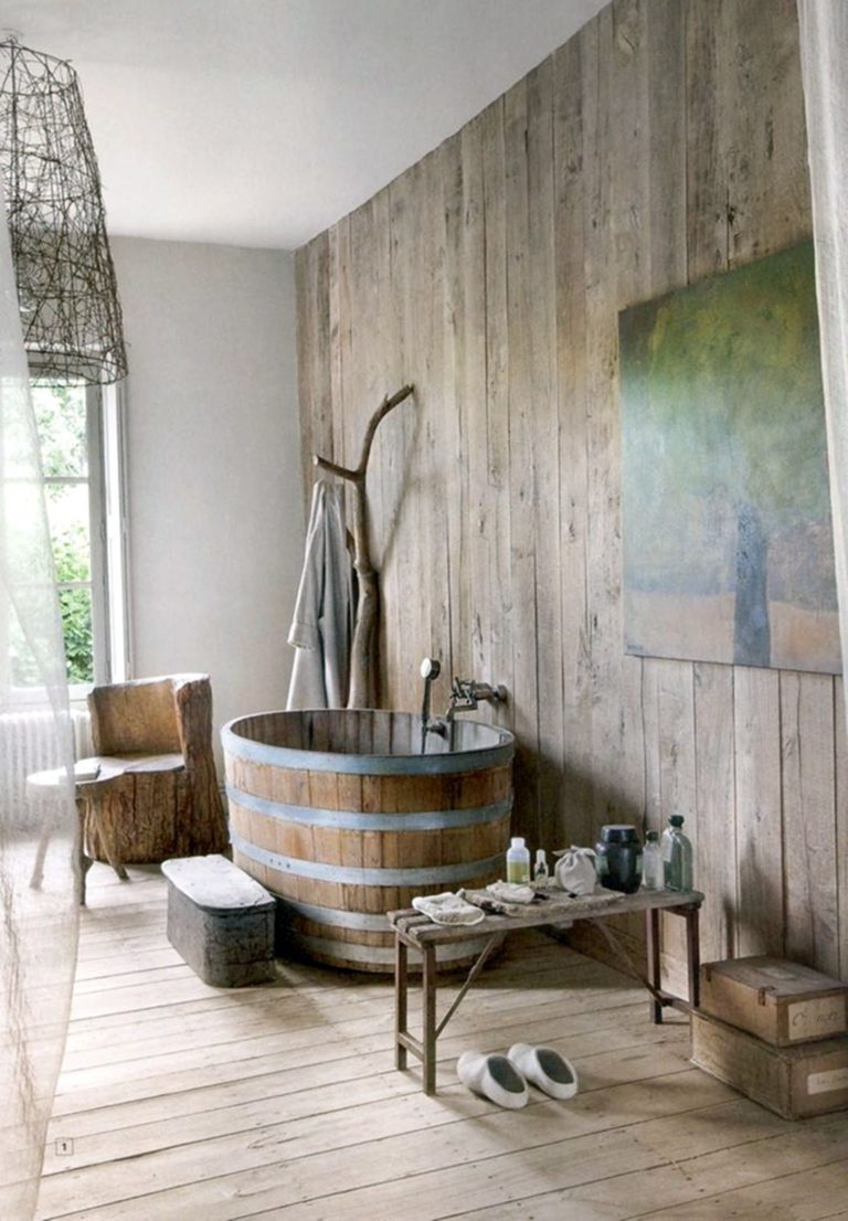 Bathroom Rustic Style With With Natural Wooden Wall And Floor