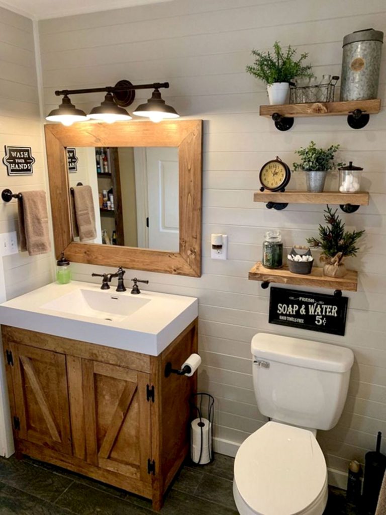 Classic Small Bathroom With Rustic Cabinet And Rustic Floating Shelves Ideas