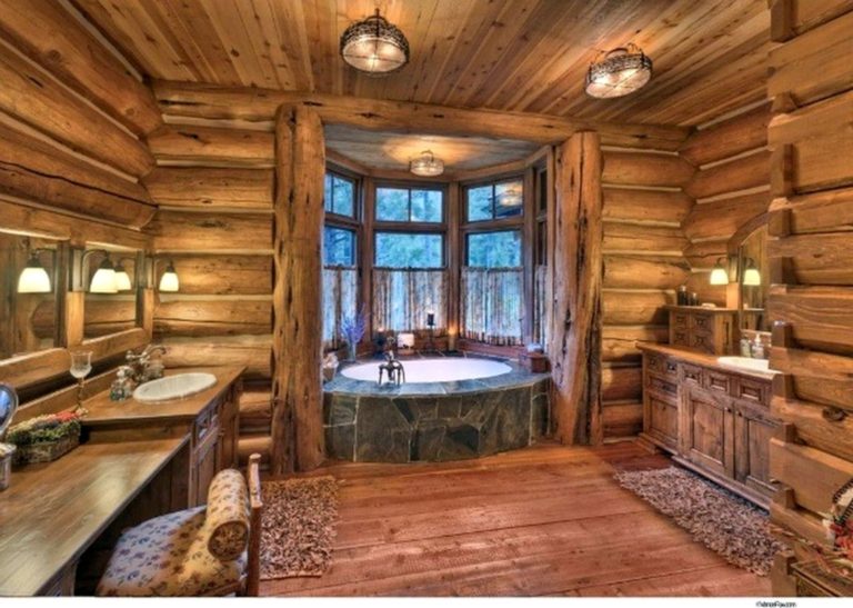 Cozy Bathroom With Wooden Cabinets And Stone Tile