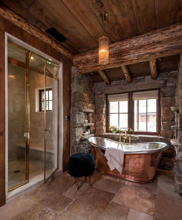 Insanely Rustic Wall Stone Bathroom Design With Shower And Unique Bathup Design