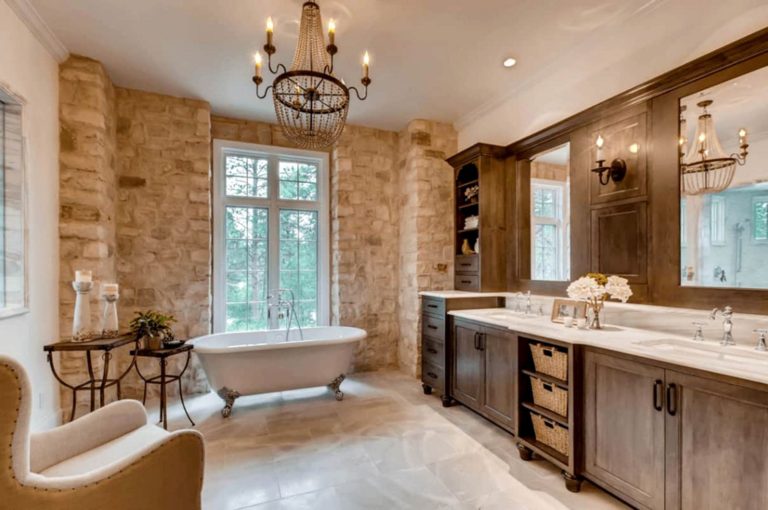Mediterranean Rustic Bathroom Style With Stone Brick Wall And Hanging Candle Lighting Ideas