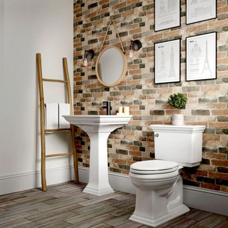 Rustic Brick Wall Bathroom With Single Vanity And Red Brick Wall Design