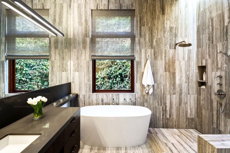 Rustic Wood Bathroom Design With Modern Floating Sink