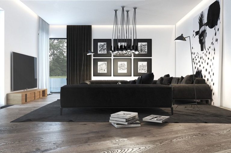 Dynamic And Varied Monochrome Living Room