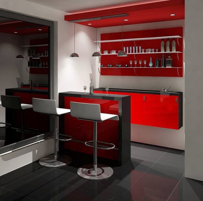 Cool Mini Bar Kitchen With Red Color Cabinet
