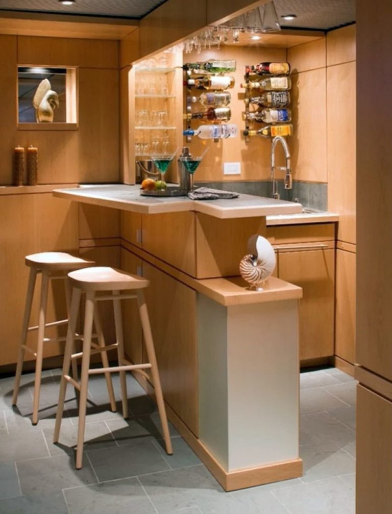 Elegant Mini Kitchen Bar Design With Wooden Material