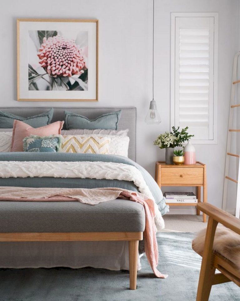 Soft boho master bedroom with gray and pink accents