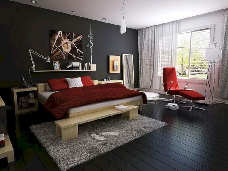 Modern Bedroom with dark floor and wall design